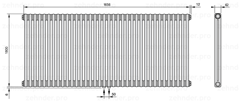 Схема (чертеж) Радиатор Zehnder Charleston 2180/36 №3470 Technoline TL